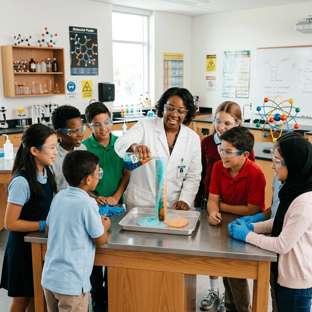 Teacher guiding students through a science experiment
